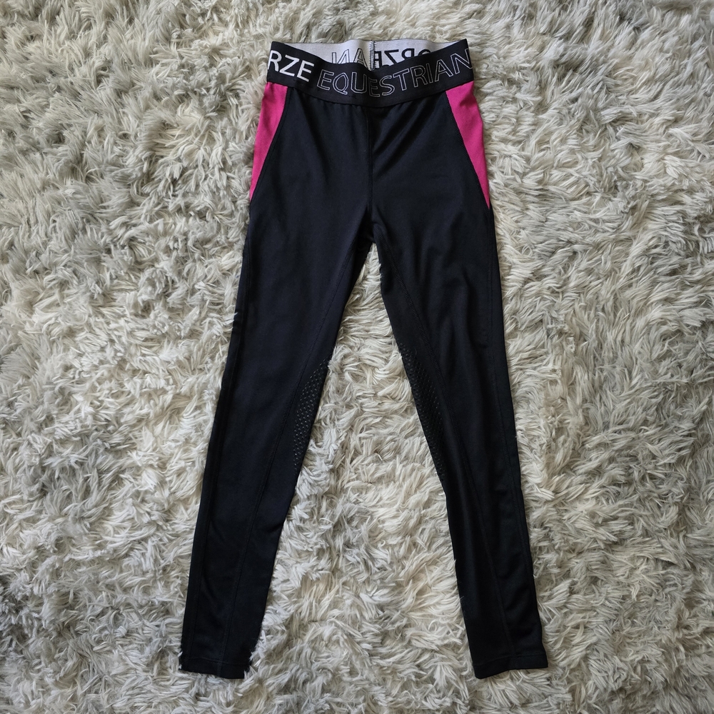 Horze Girls Equestrian Knee Grip Leggings in Black and Pink - Size Small